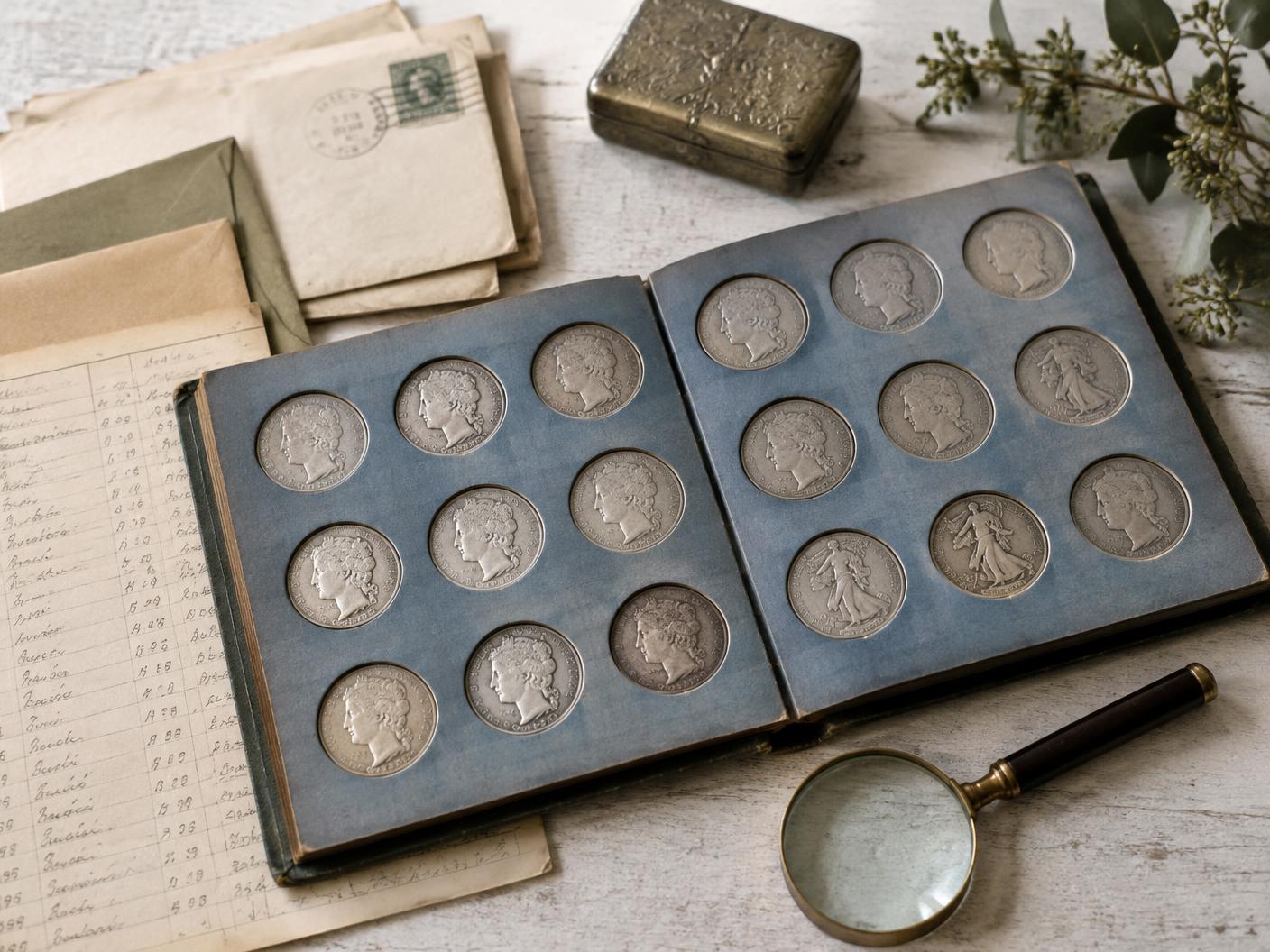 An open vintage coin album with silver coins, beside old envelopes and a handwritten inventory list